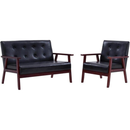 2-tlg. Sofagarnitur Schwarz Kunstleder mit Holzbeinen
