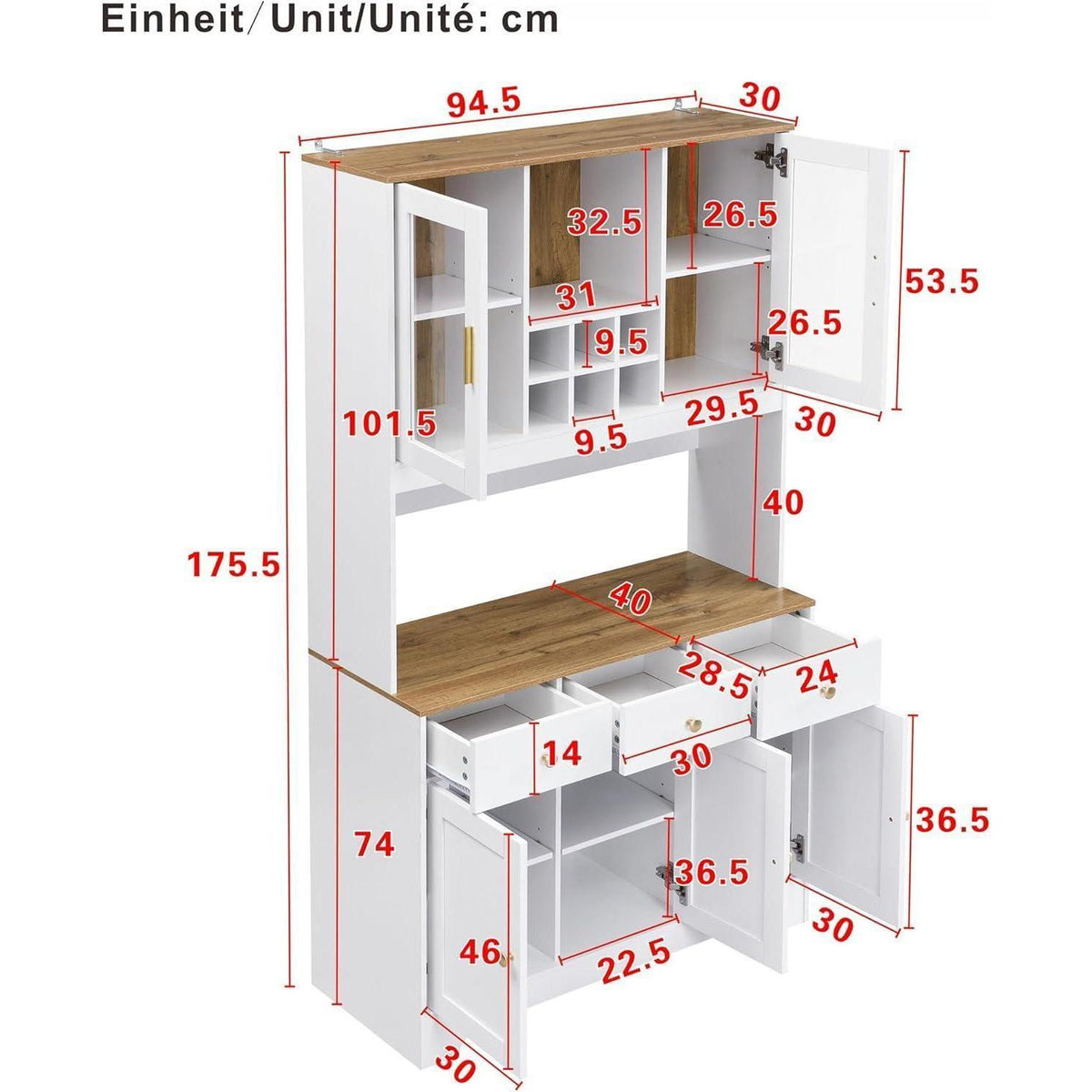 Weißes Sideboard mit Glastüren & Stauraum (94,5x30x175,5cm)