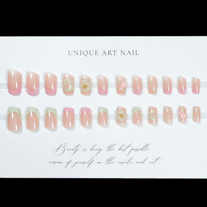 Kurze, grüne & rosa French Press on Nails mit Blumen Design