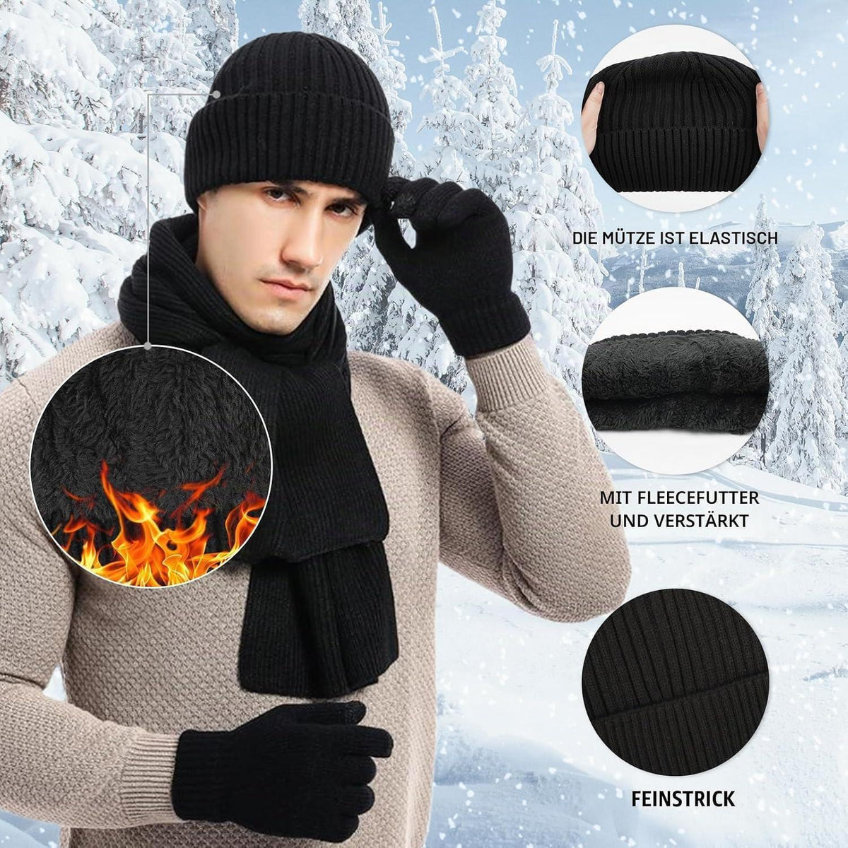Herren Winter Set: Mütze, Schal & Touchscreen Handschuhe Schwarz