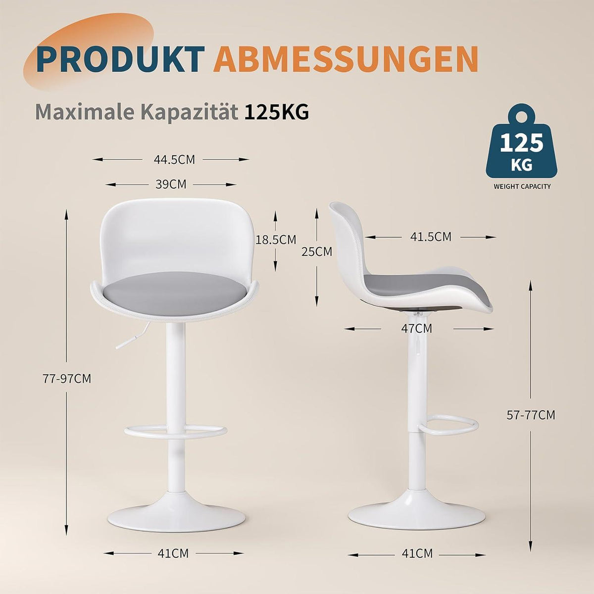 Höhenverstellbarer Barhocker 4er Set Weiß/Grau mit Fußstütze