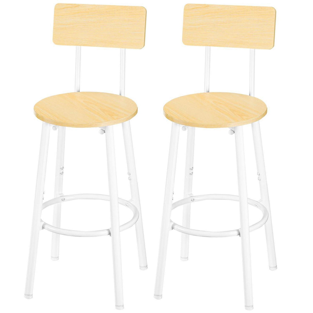 Barhocker Set 2er-Pack mit Rückenlehne & Fußstütze – Weiß & Naturholz