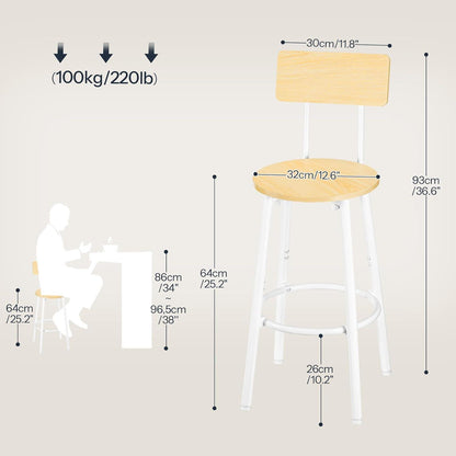 Barhocker Set 2er-Pack mit Rückenlehne & Fußstütze – Weiß & Naturholz