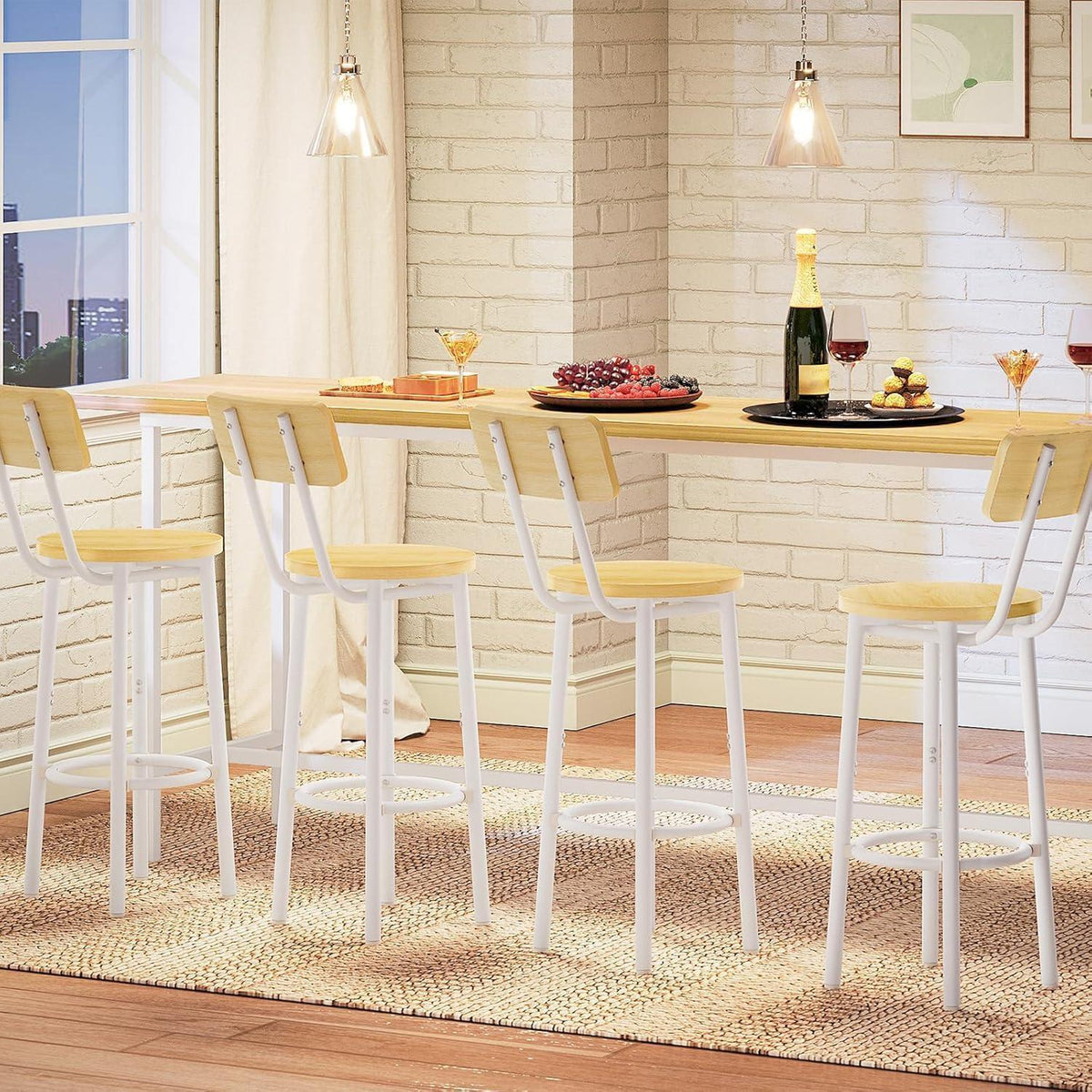Barhocker Set 2er-Pack mit Rückenlehne & Fußstütze – Weiß & Naturholz