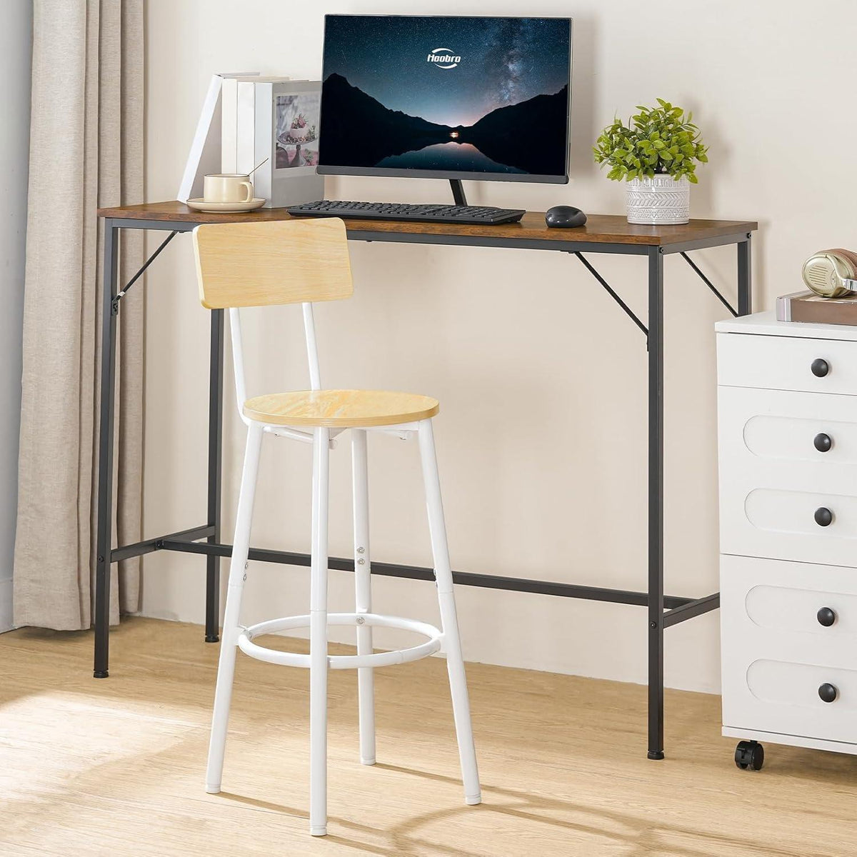 Barhocker Set 2er-Pack mit Rückenlehne & Fußstütze – Weiß & Naturholz