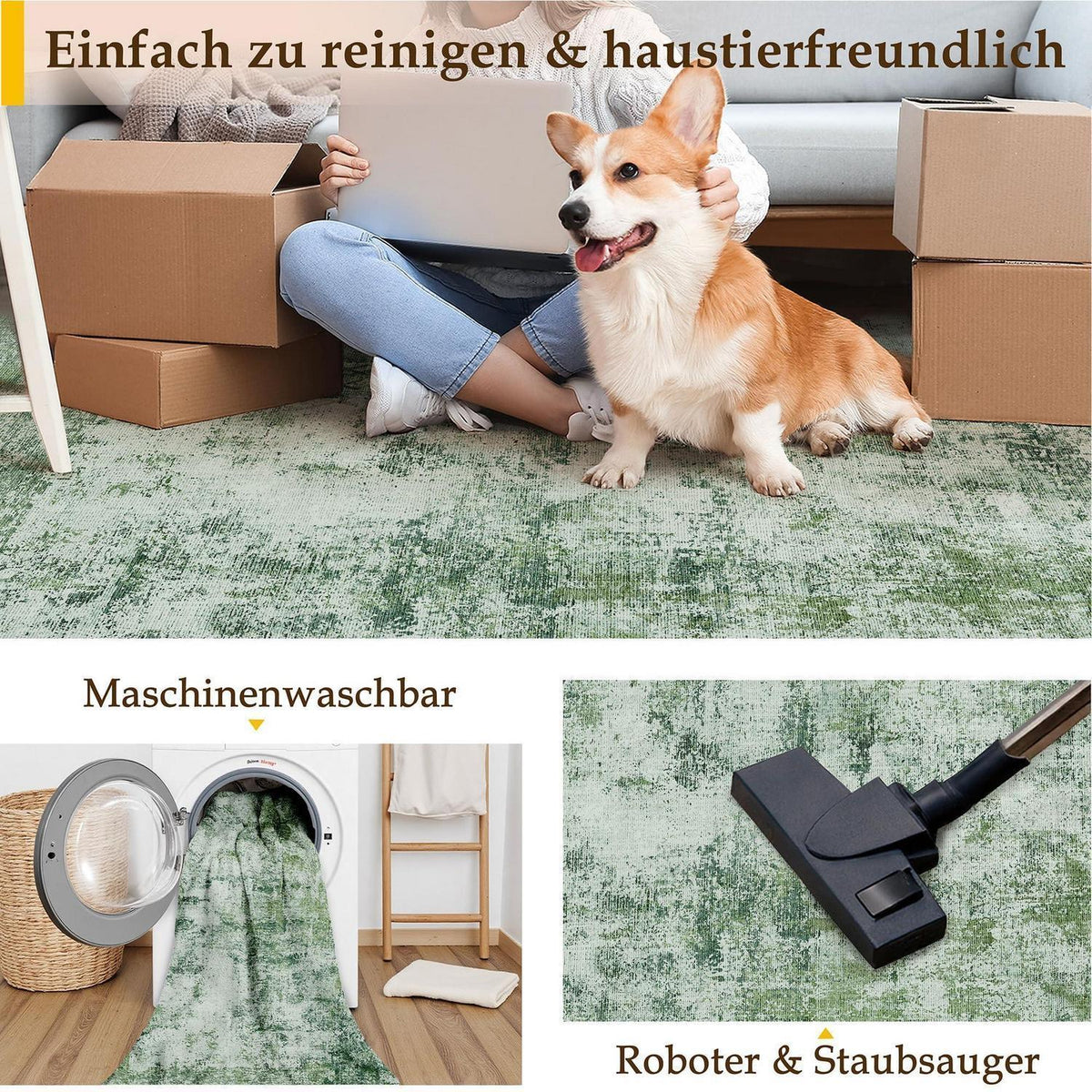 Grüner Teppich Wohnzimmer 150x210cm – Waschbar & Rutschfest