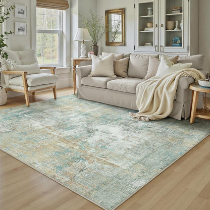 Blauer Gelber Teppich Wohnzimmer 150x210cm – Waschbar & Rutschfest