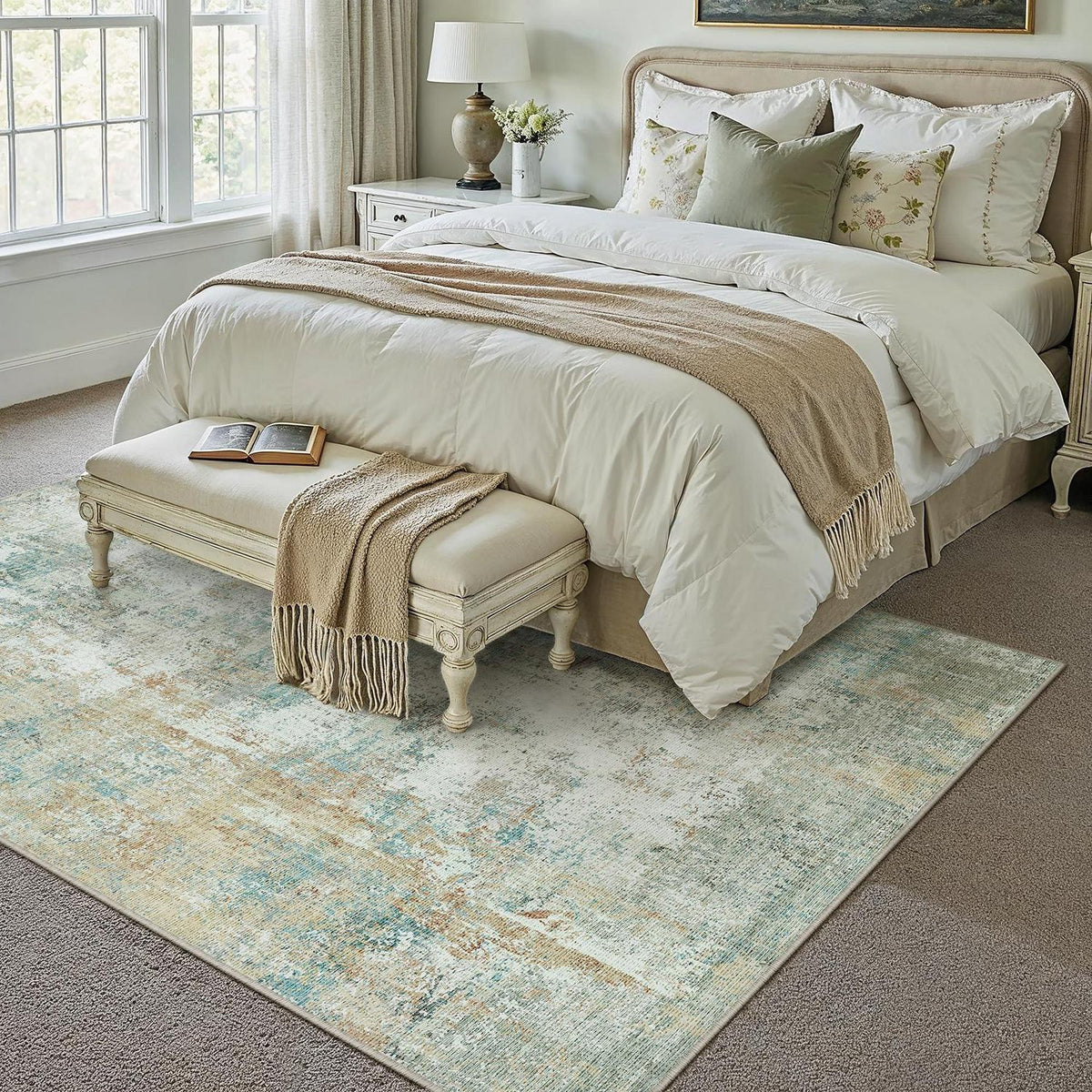 Blauer Gelber Teppich Wohnzimmer 150x210cm – Waschbar & Rutschfest