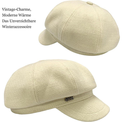 Vintage Baskenmütze Damen - Warme Winter Mütze Beige