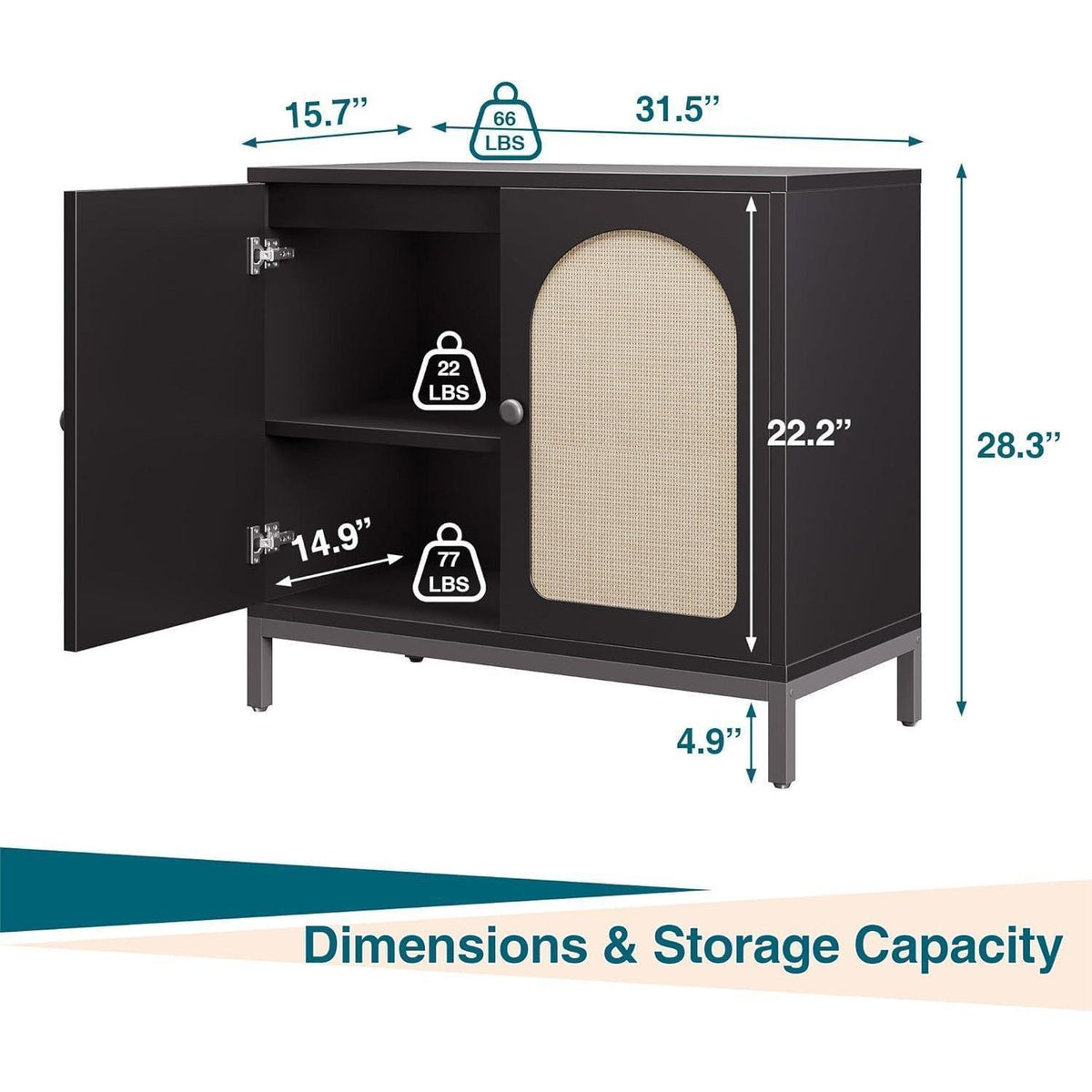 Sideboard Kommode mit Rattan Türen – 80x40x72cm Schwarz