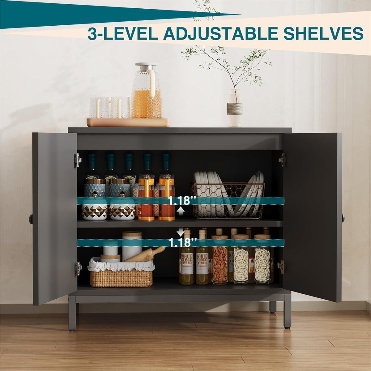 Sideboard Kommode mit Rattan Türen – 80x40x72cm Schwarz