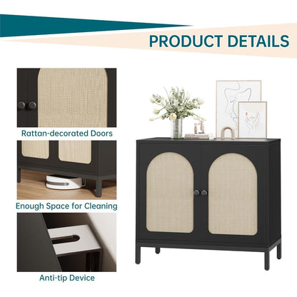 Sideboard Kommode mit Rattan Türen – 80x40x72cm Schwarz