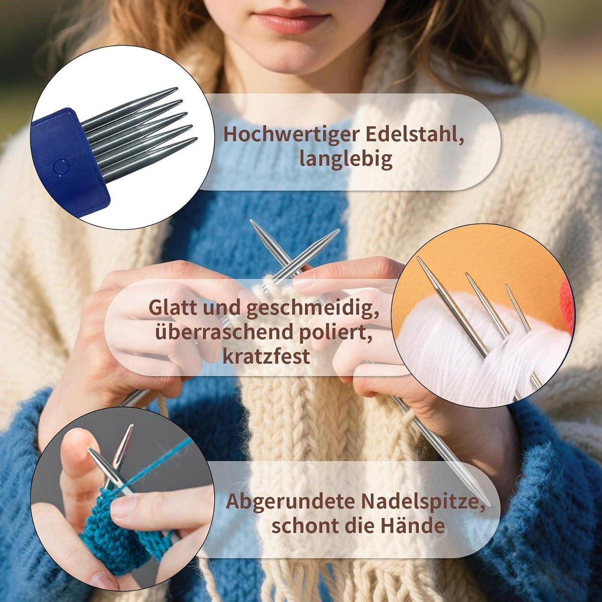 Doppelspitzen Stricknadel Set Edelstahl – 65 Teile, 13 Größen
