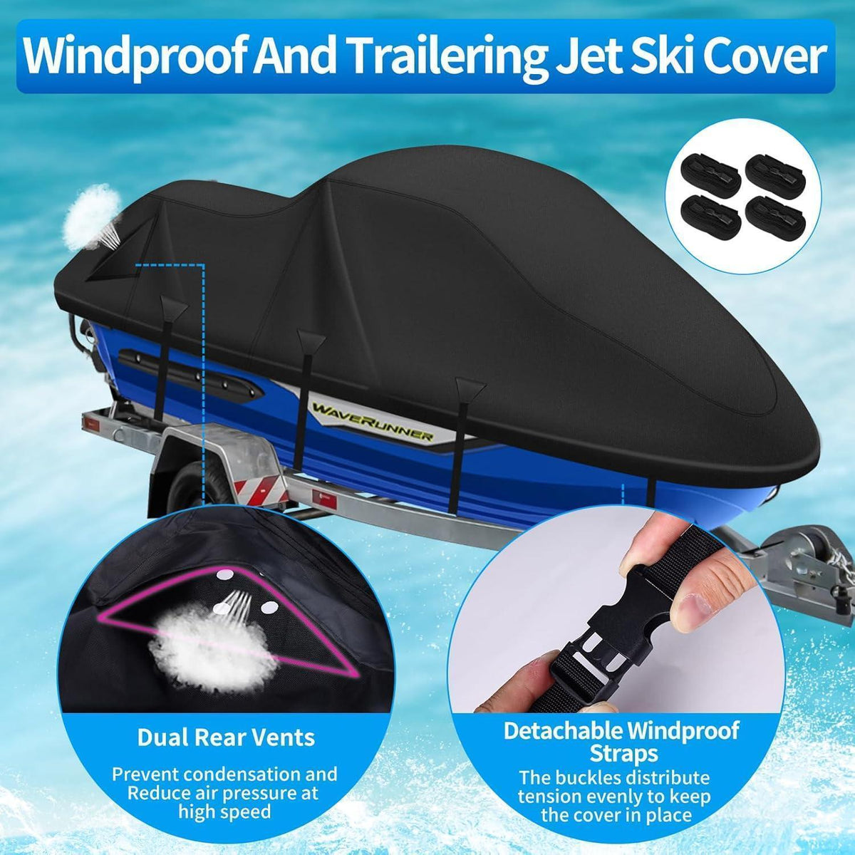 Jet Ski Abdeckung 3-Sitzer, 900D, Wasserdicht, Schwarz XL