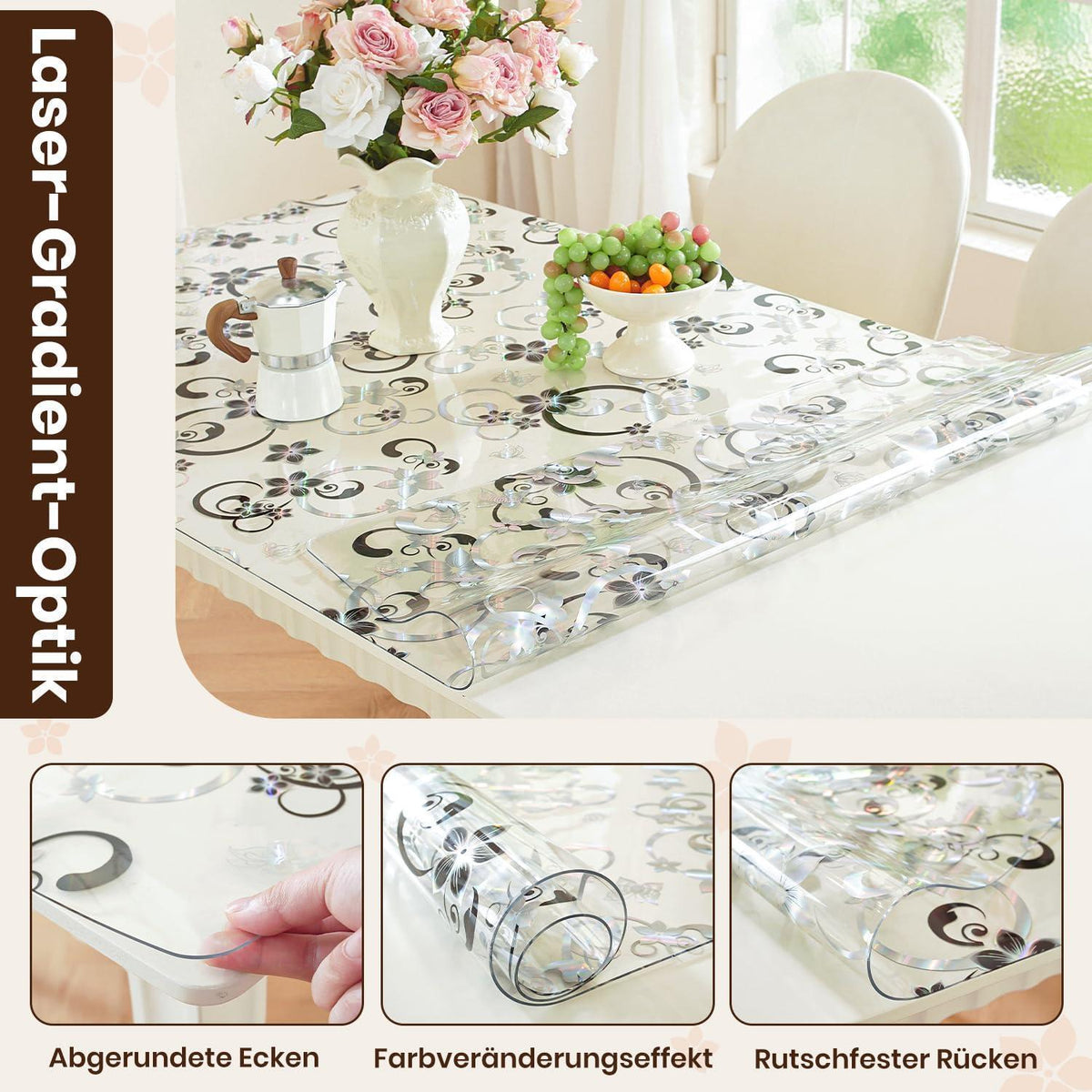 Tischfolie Transparent Blumenmuster 90x200 cm | Schutzfolie Wasserdicht
