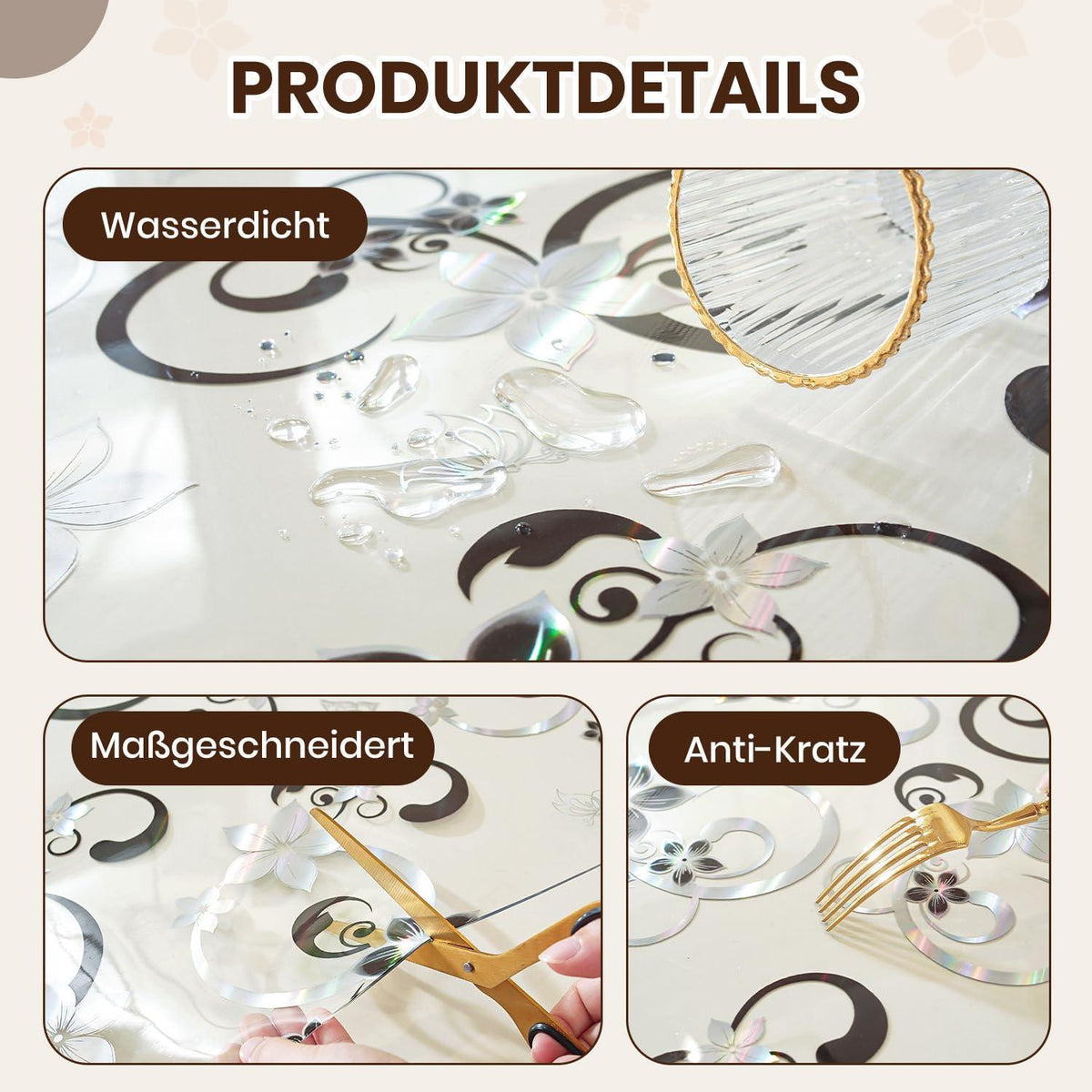 Tischfolie Transparent Blumenmuster 90x200 cm | Schutzfolie Wasserdicht