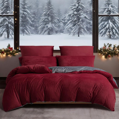 Flauschige Winterbettwäsche 220x240 - Weinrot, Grau & Rot
