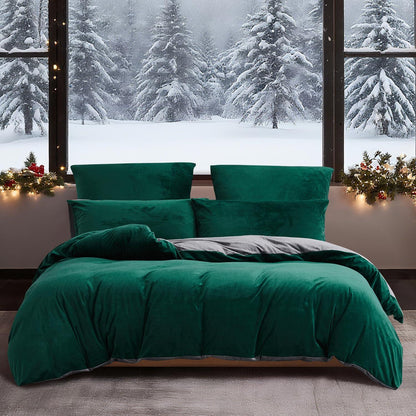 Flauschige Winterbettwäsche 135x200, Dunkelgrün Grau, 4-teilig