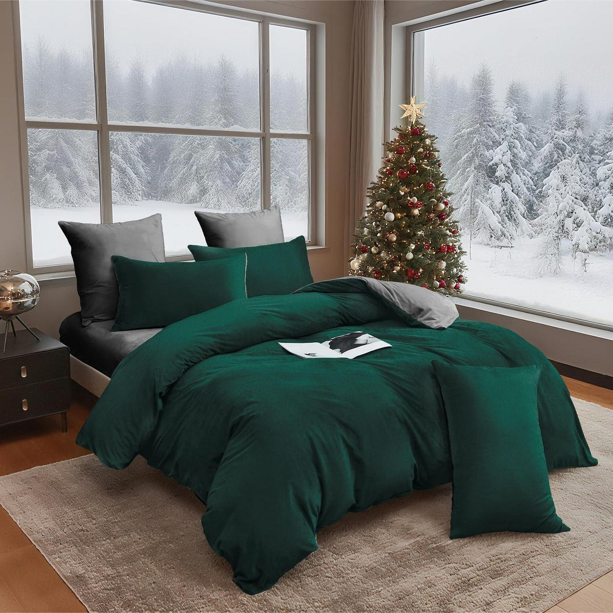 Flauschige Winterbettwäsche 135x200, Dunkelgrün Grau, 4-teilig