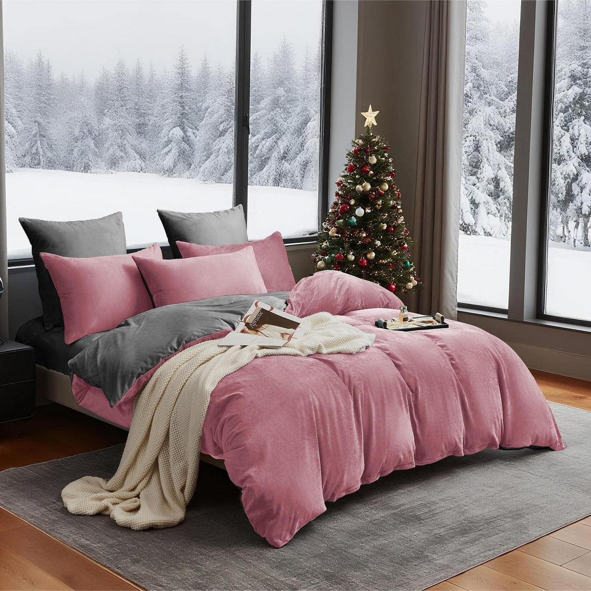 Winter Bettwäsche 220x240 Rosa Grau – Warm & Kuschelig 3-teilig