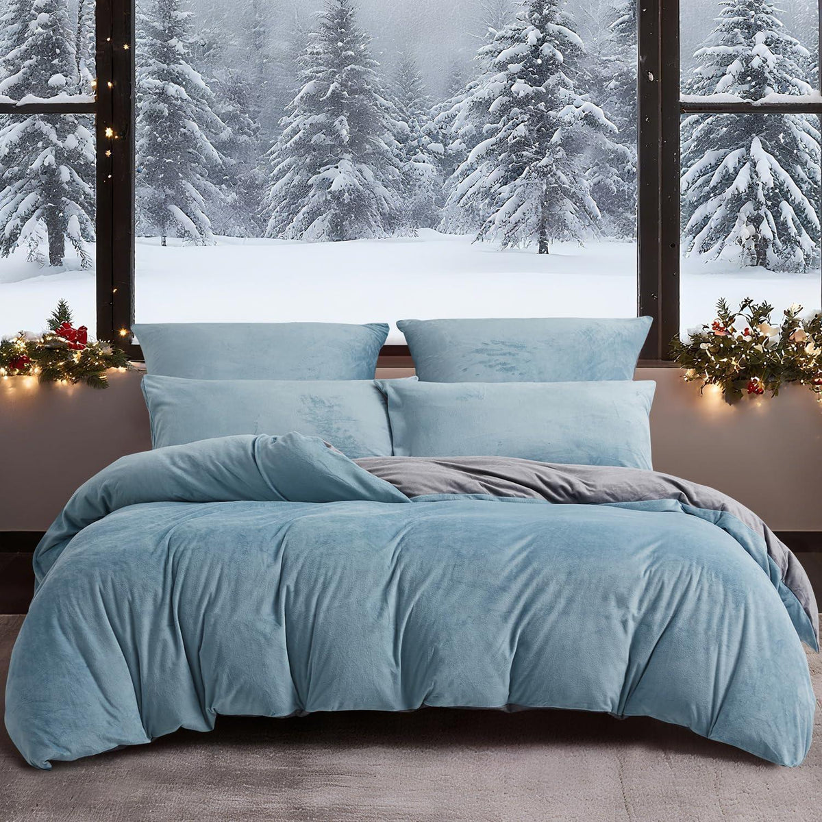 Flauschige Winterbettwäsche 220x240 - Hellblau Grau 3-teilig