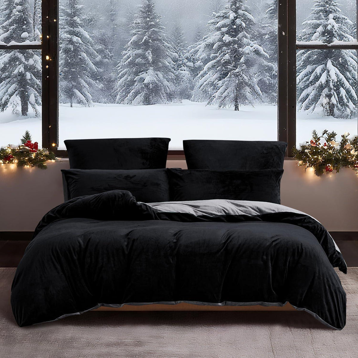 Winter Bettwäsche 135x200 - 4-teilig, Schwarz Grau, Flauschig Warm