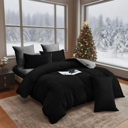 Winter Bettwäsche 135x200 - 4-teilig, Schwarz Grau, Flauschig Warm