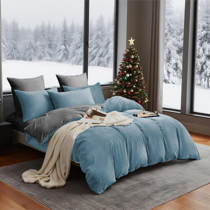 Flauschige Winterbettwäsche 135x200 - Hellblau Grau 4-teilig