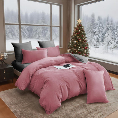Winter Bettwäsche 135x200, 4-teilig, Rosa Grau, Flauschig Warm