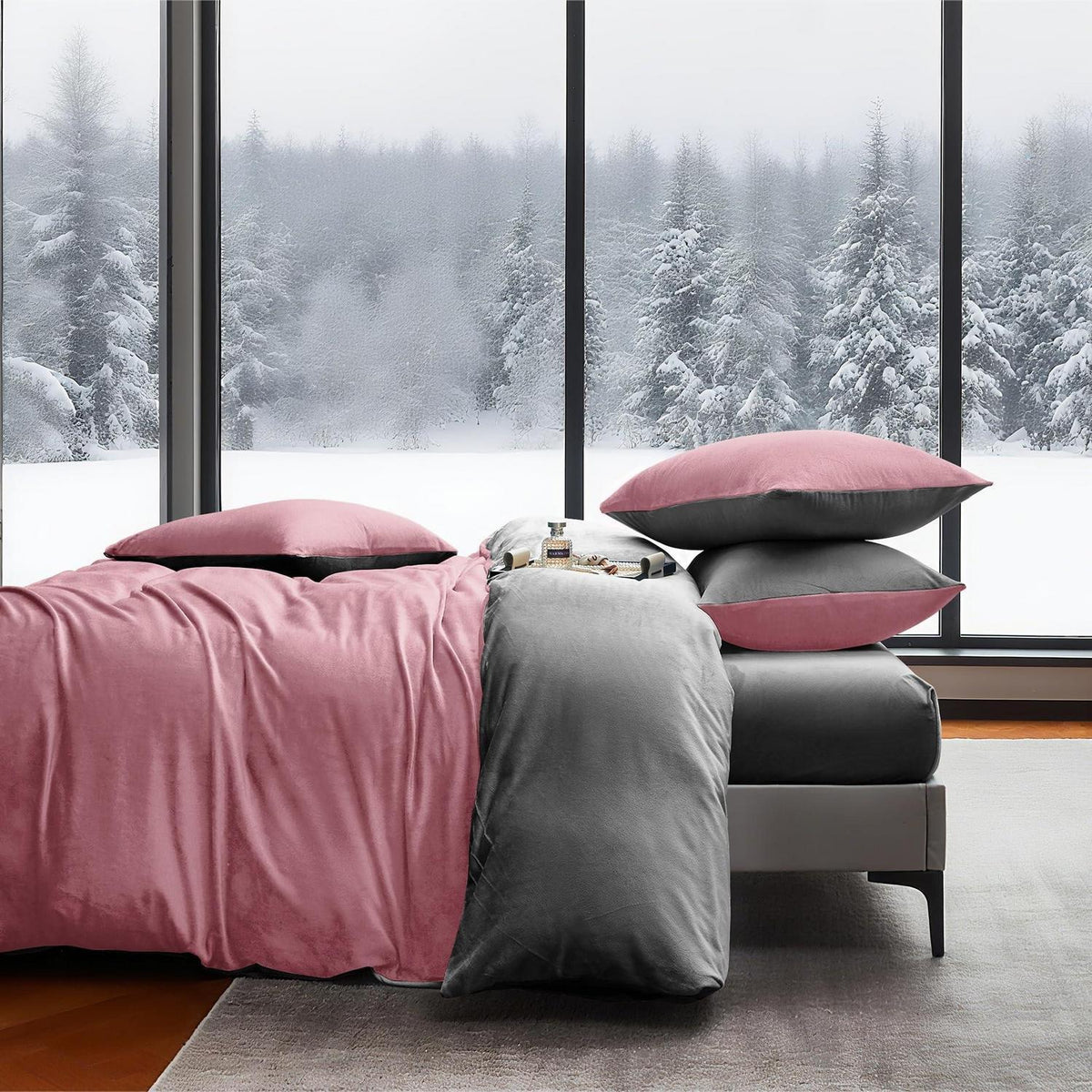 Winter Bettwäsche 135x200, 4-teilig, Rosa Grau, Flauschig Warm