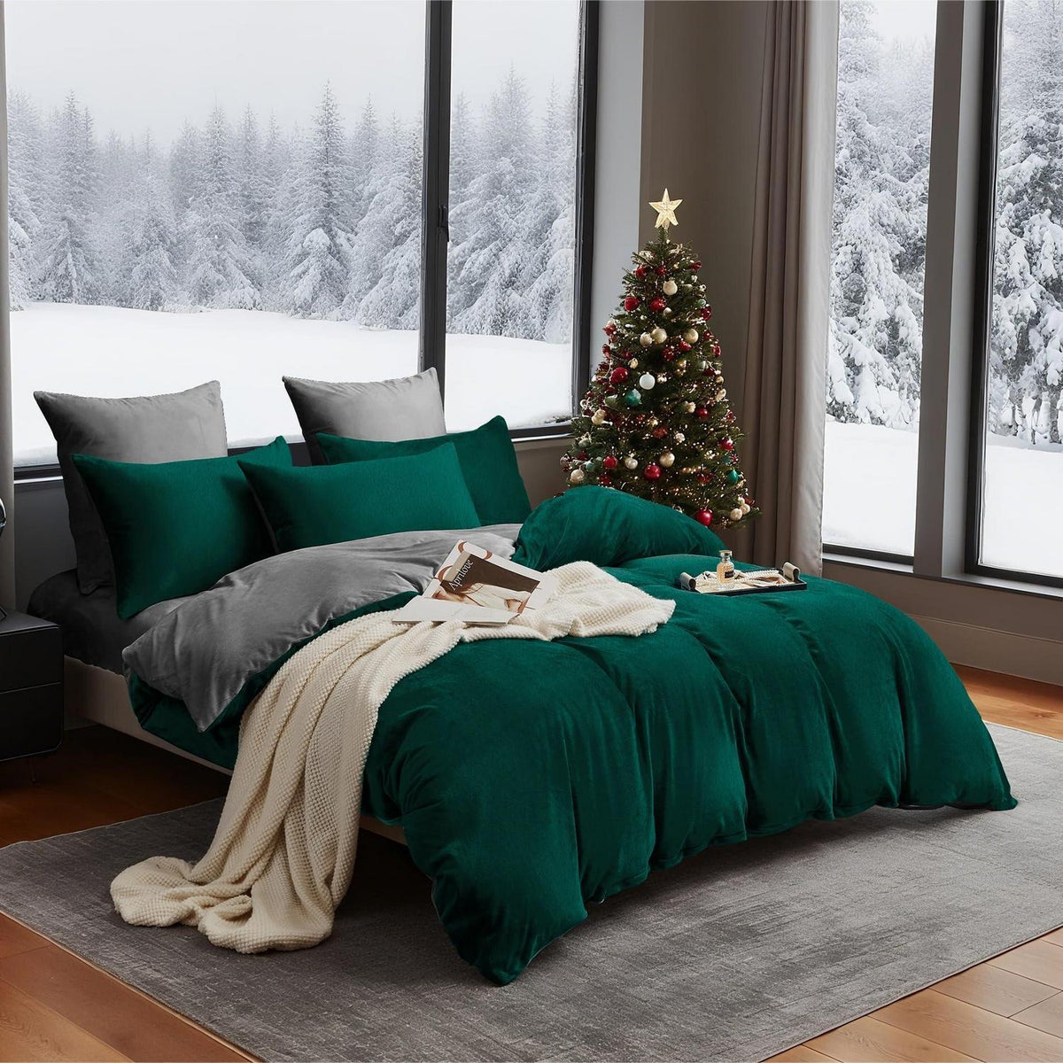 Flauschige Winterbettwäsche 220x240 Dunkelgrün Grau 3-teilig