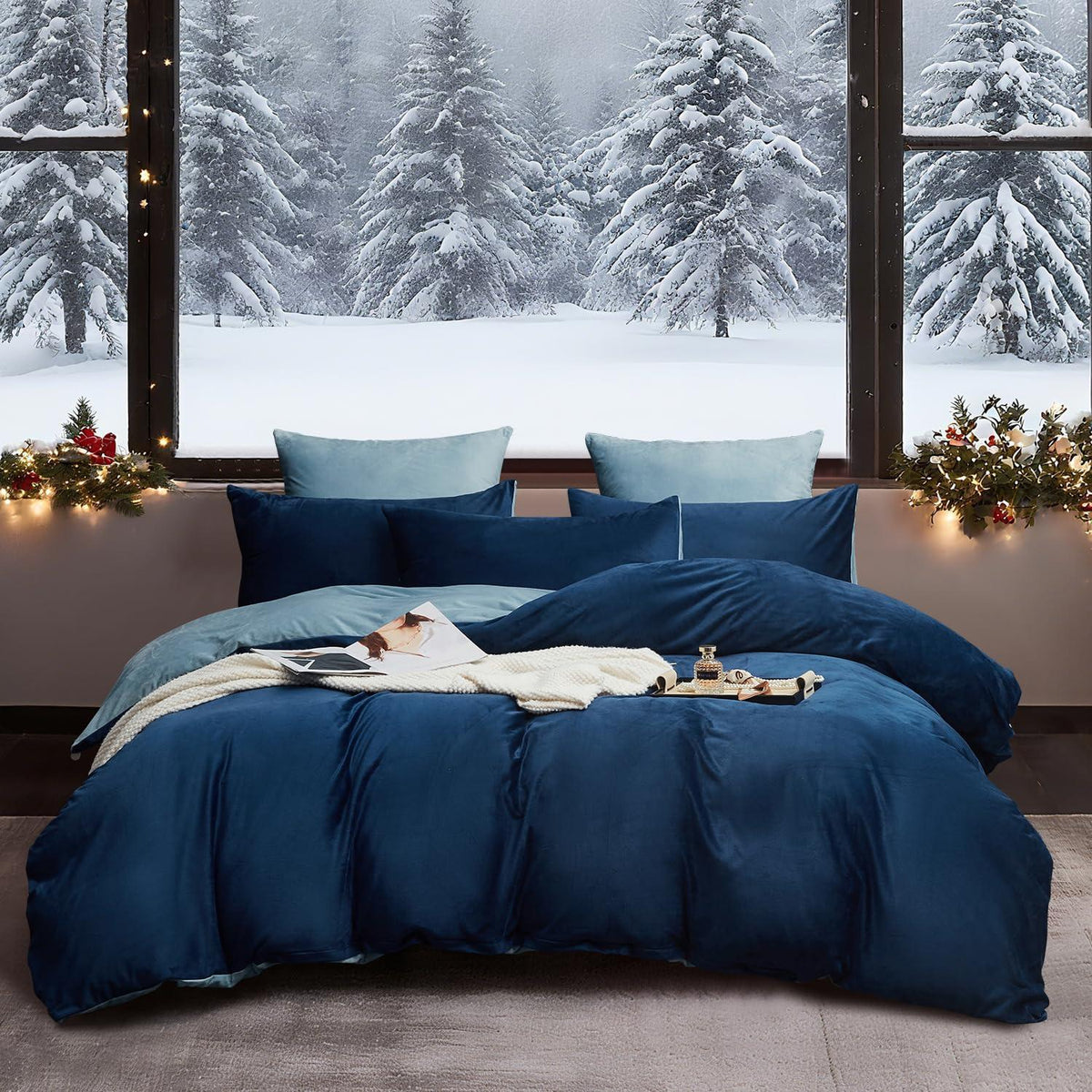 Flauschige Winterbettwäsche 135x200 Dunkelblau Hellblau 4-teilig