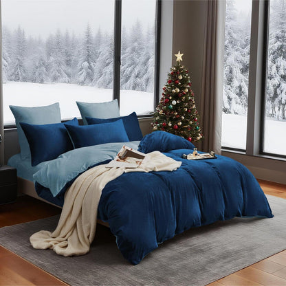 Flauschige Winterbettwäsche 135x200 Dunkelblau Hellblau 4-teilig