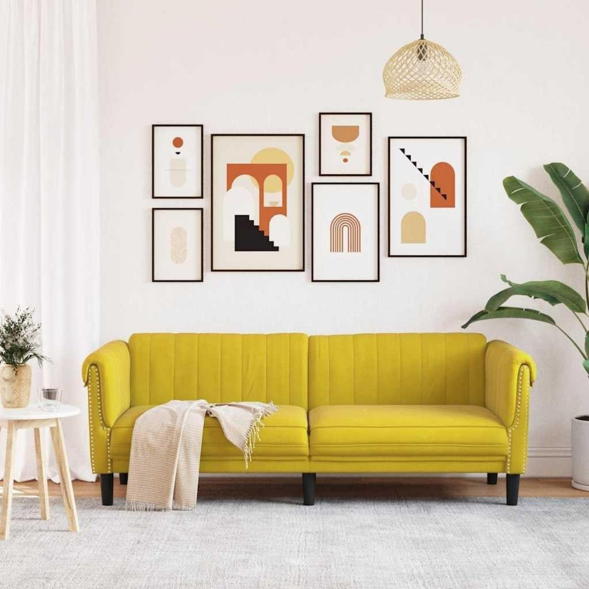 3-Sitzer Sofa Gelb Samt – Moderner Akzentstuhl mit Kissen
