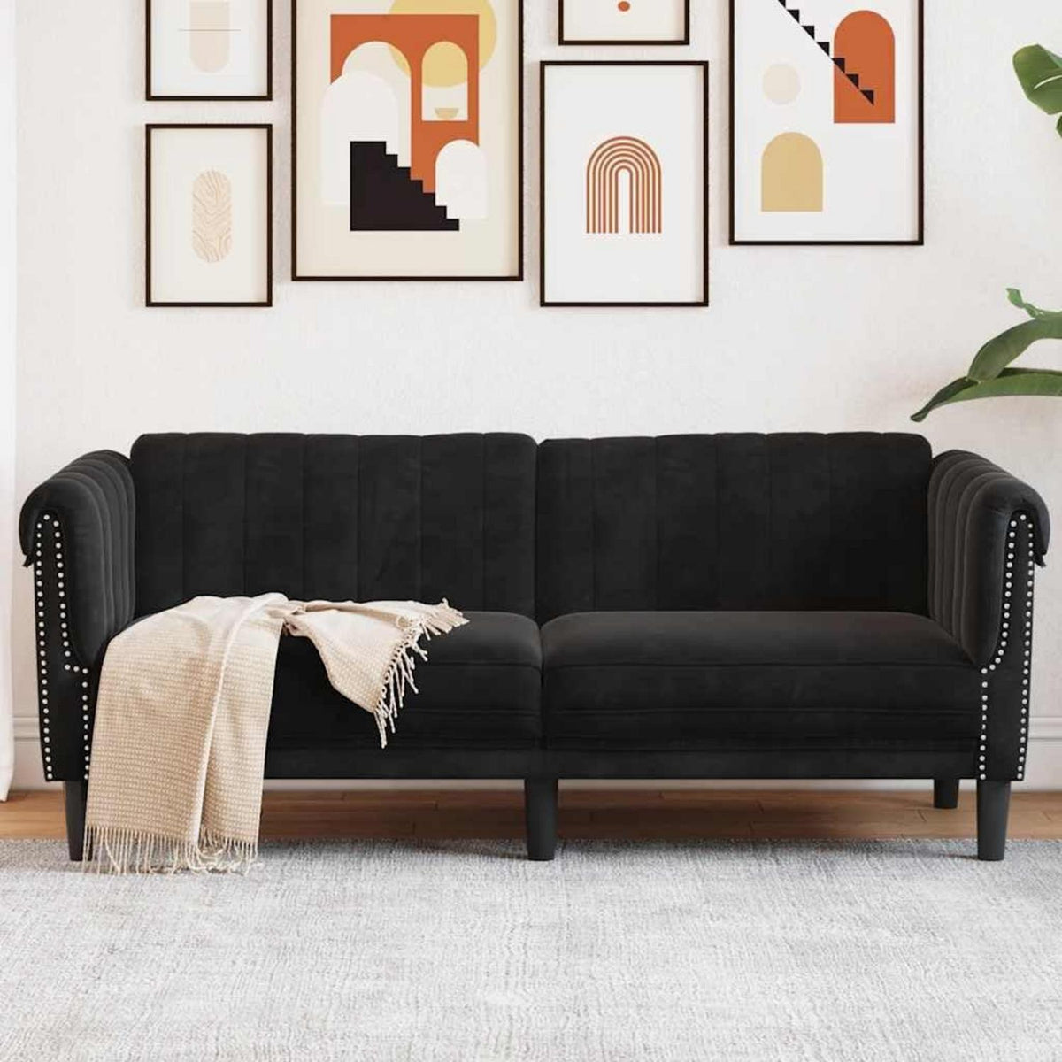 2-Sitzer Sofa Schwarz Samt | Moderner Akzentstuhl mit Kissen