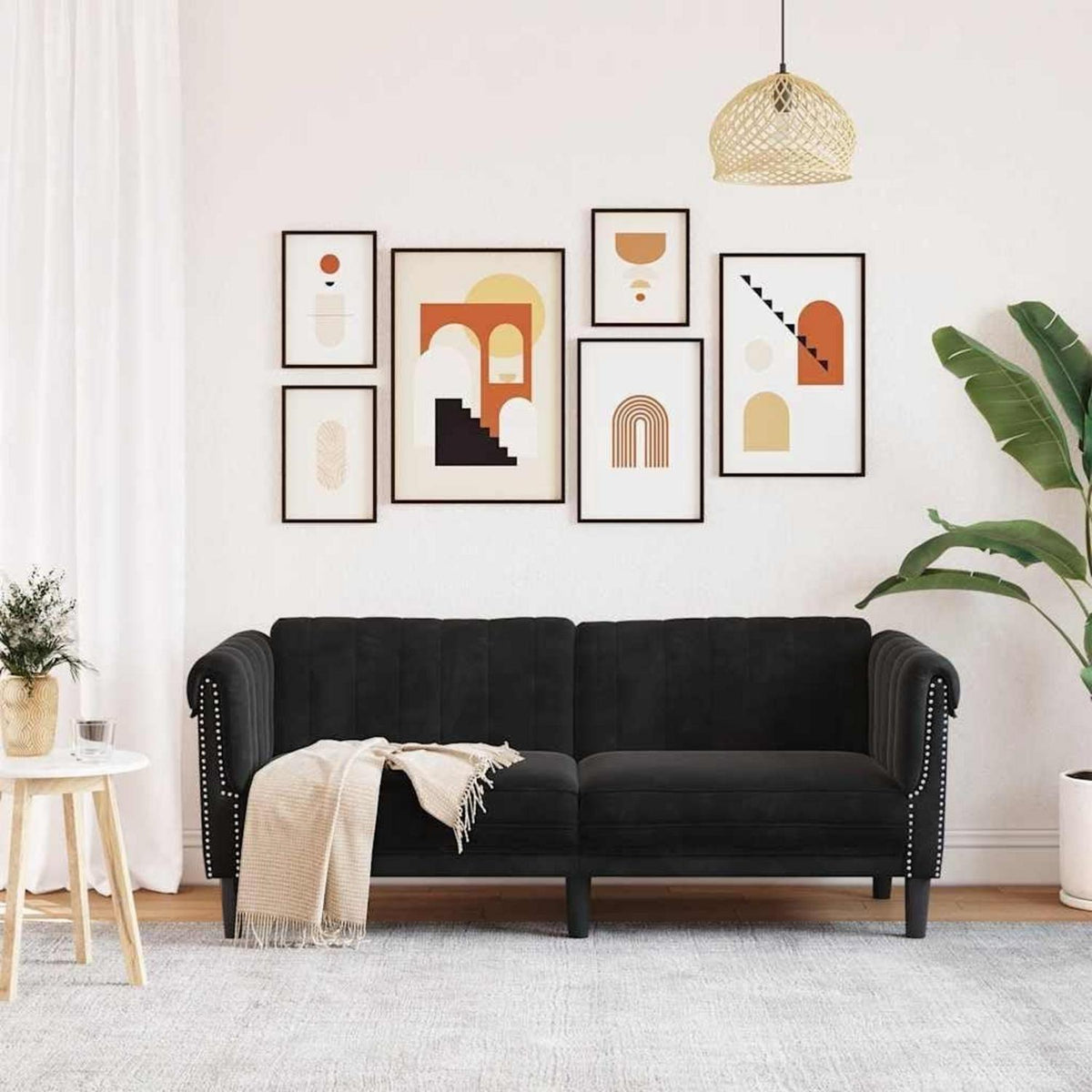 2-Sitzer Sofa Schwarz Samt | Moderner Akzentstuhl mit Kissen