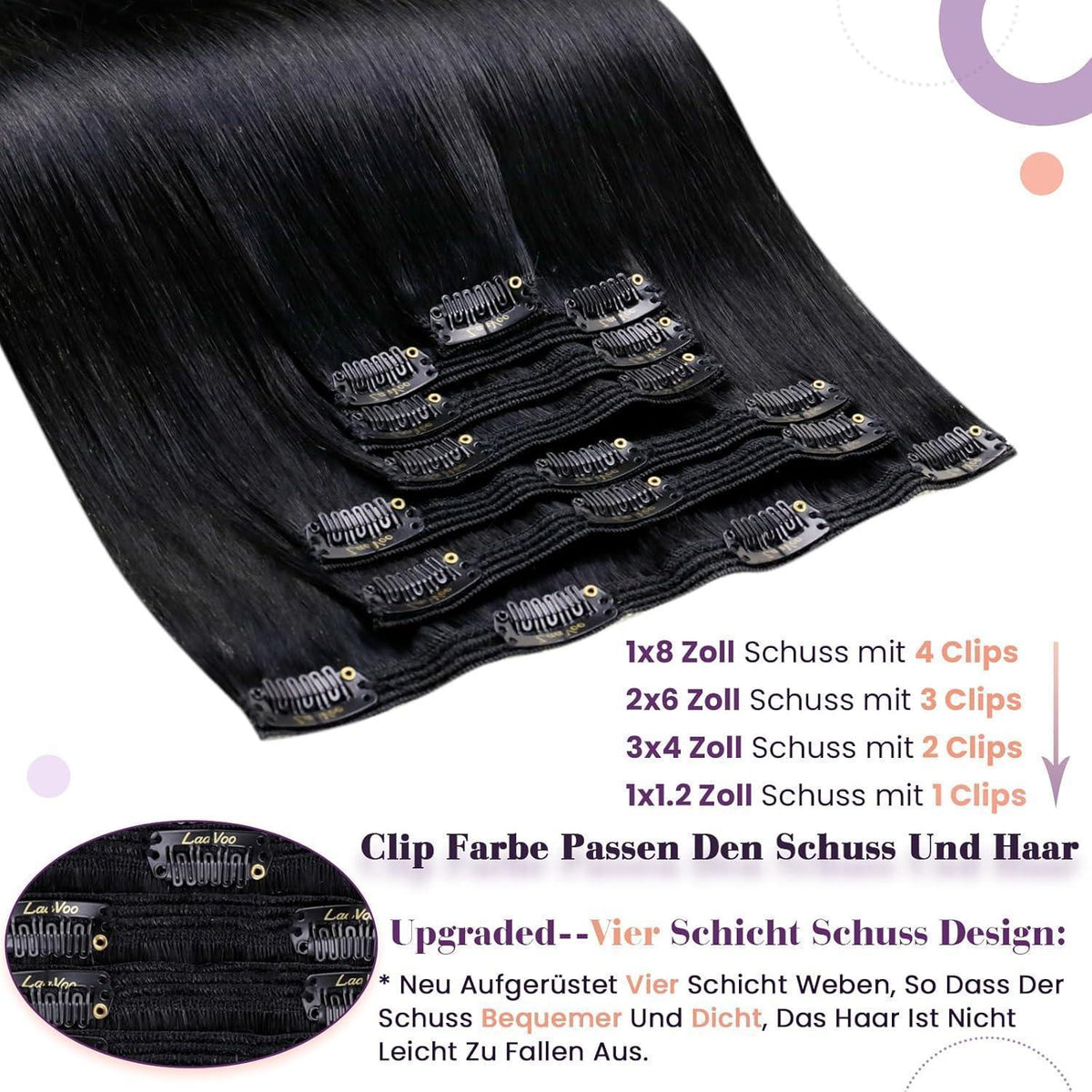 Echthaar Clip-Ins Schwarz 65cm – Volumenset