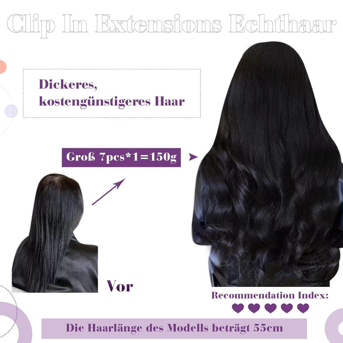Echthaar Clip-Ins Schwarz 65cm – Volumenset