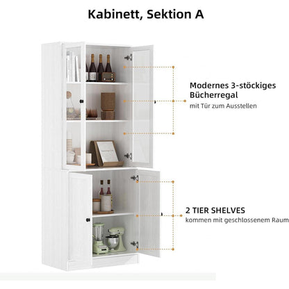 5-stöckiges Bücherregal mit Glastüren – Weißes Vitrinenschrank-Set