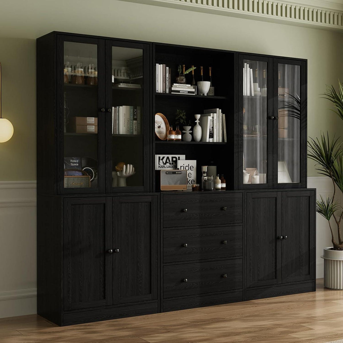 5-stöckiges Bücherregal mit Glastüren – 180cm Vitrine Schwarz