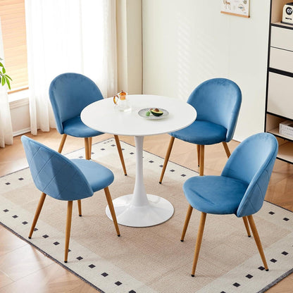 Runder Esstisch Set mit 4 Samtstühlen – Blau & Weiß