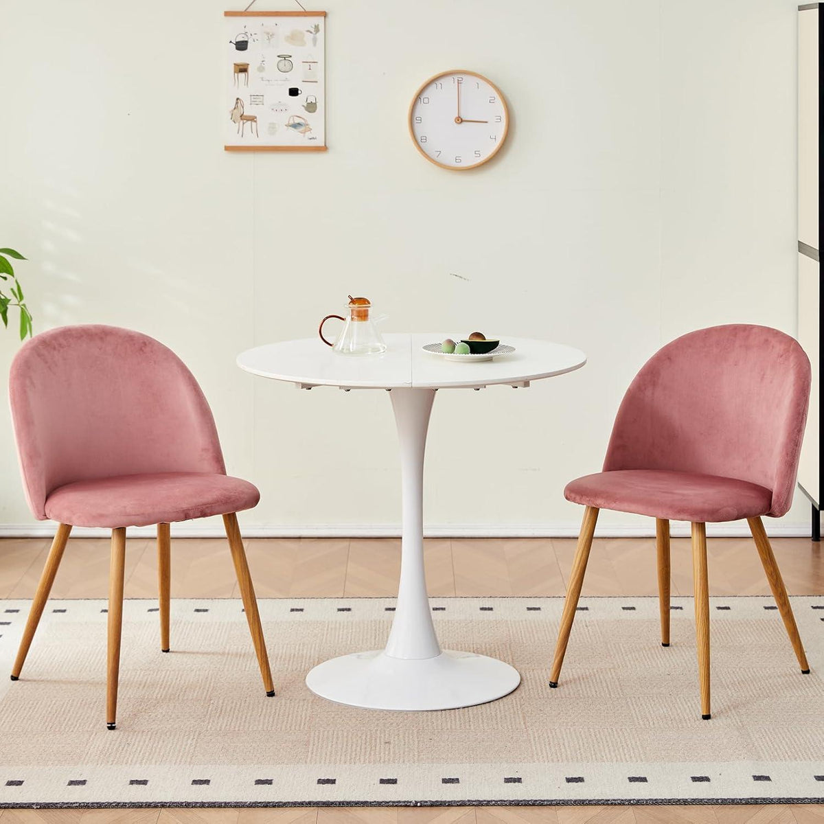 Runder Esstisch Set mit 4 Samtstühlen Rosa & Weiß 80x80cm