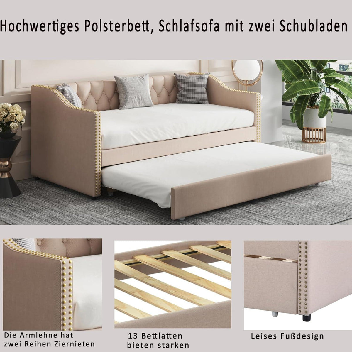 Schlafsofa 90x200 cm ausziehbar – Samt Beige, 2 Personen