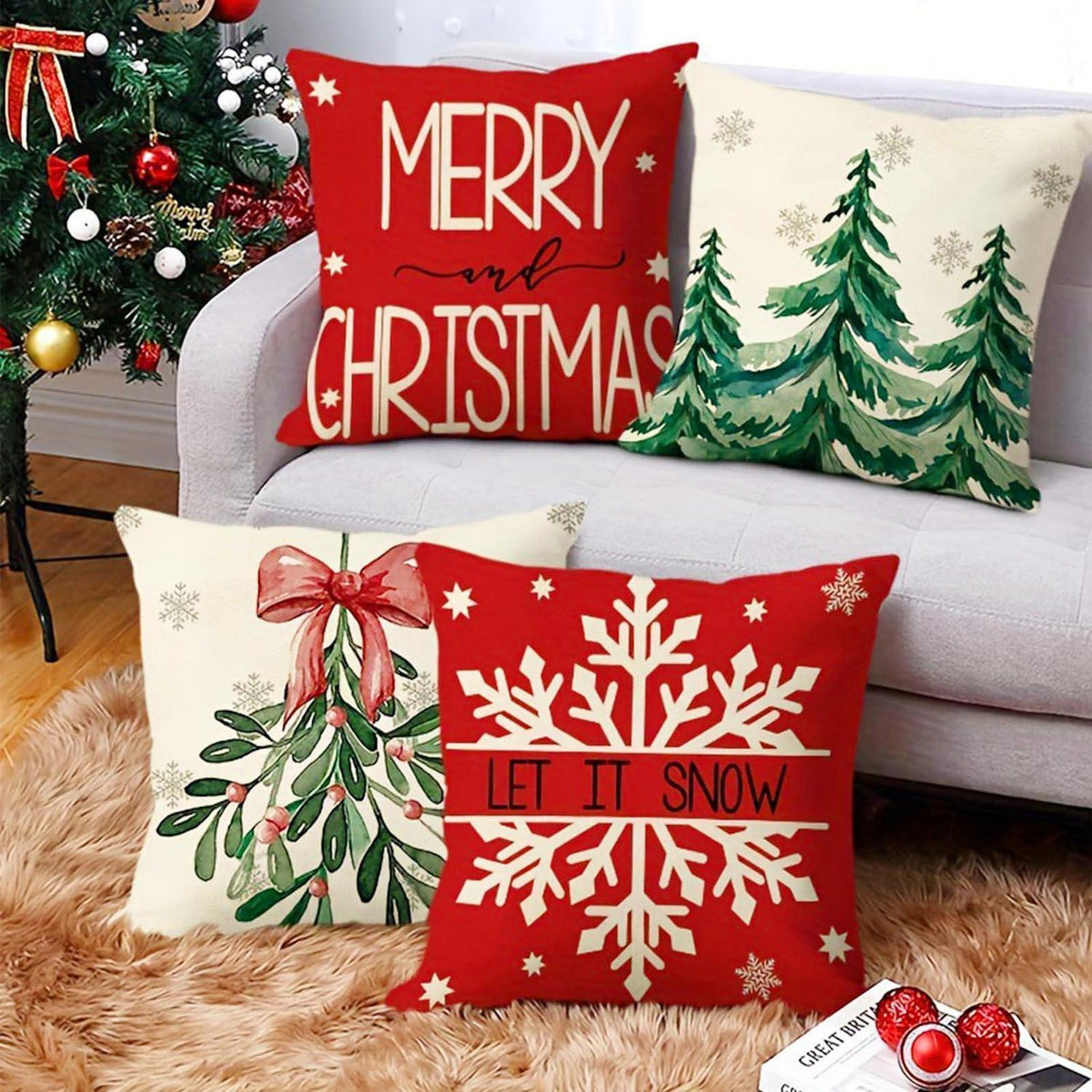 4er-Set Weihnachtskissenbezüge 40x40 - Festliche Deko-Kissenhüllen