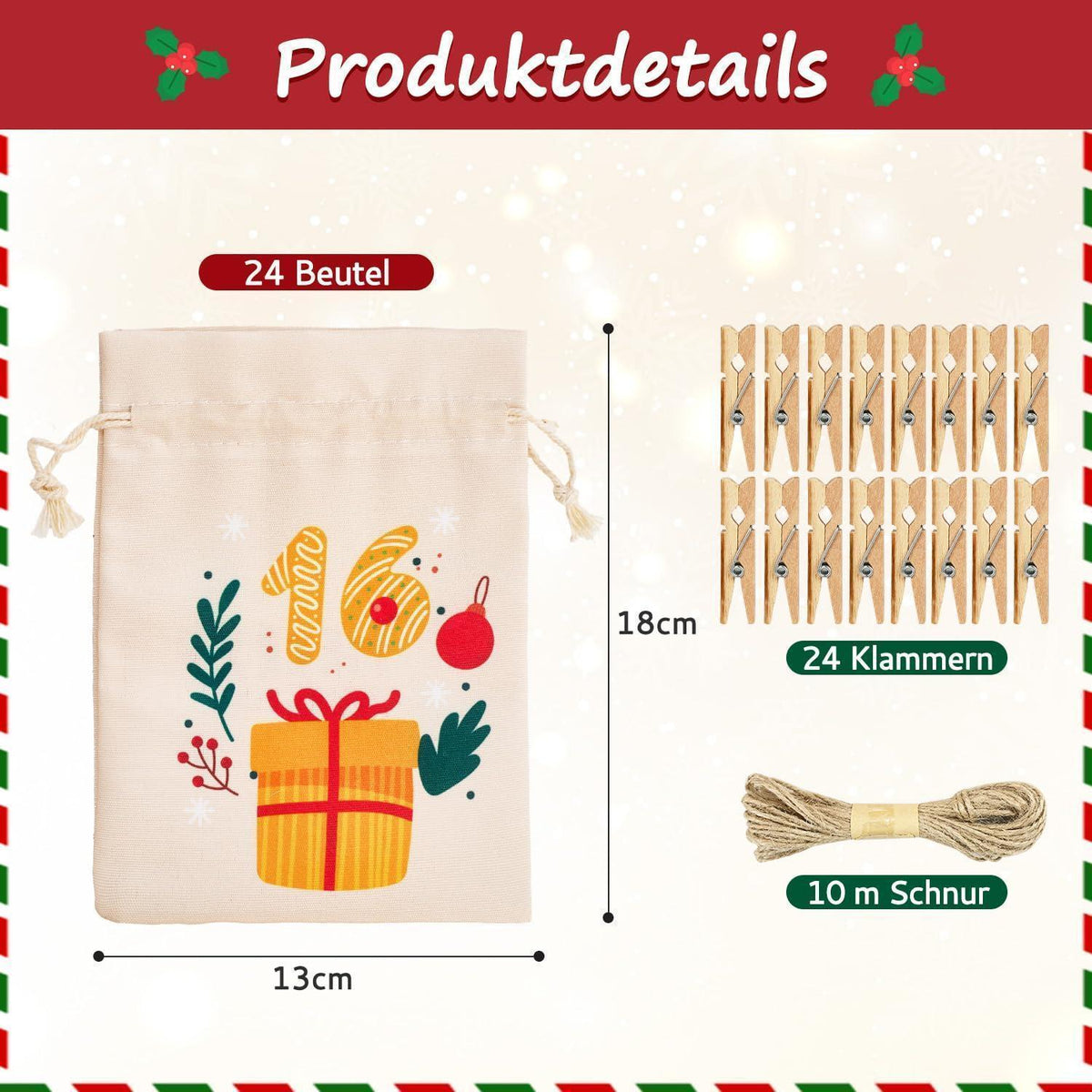 Adventskalender zum Befüllen – 24 Stoffbeutel mit Holzklammern & Seil
