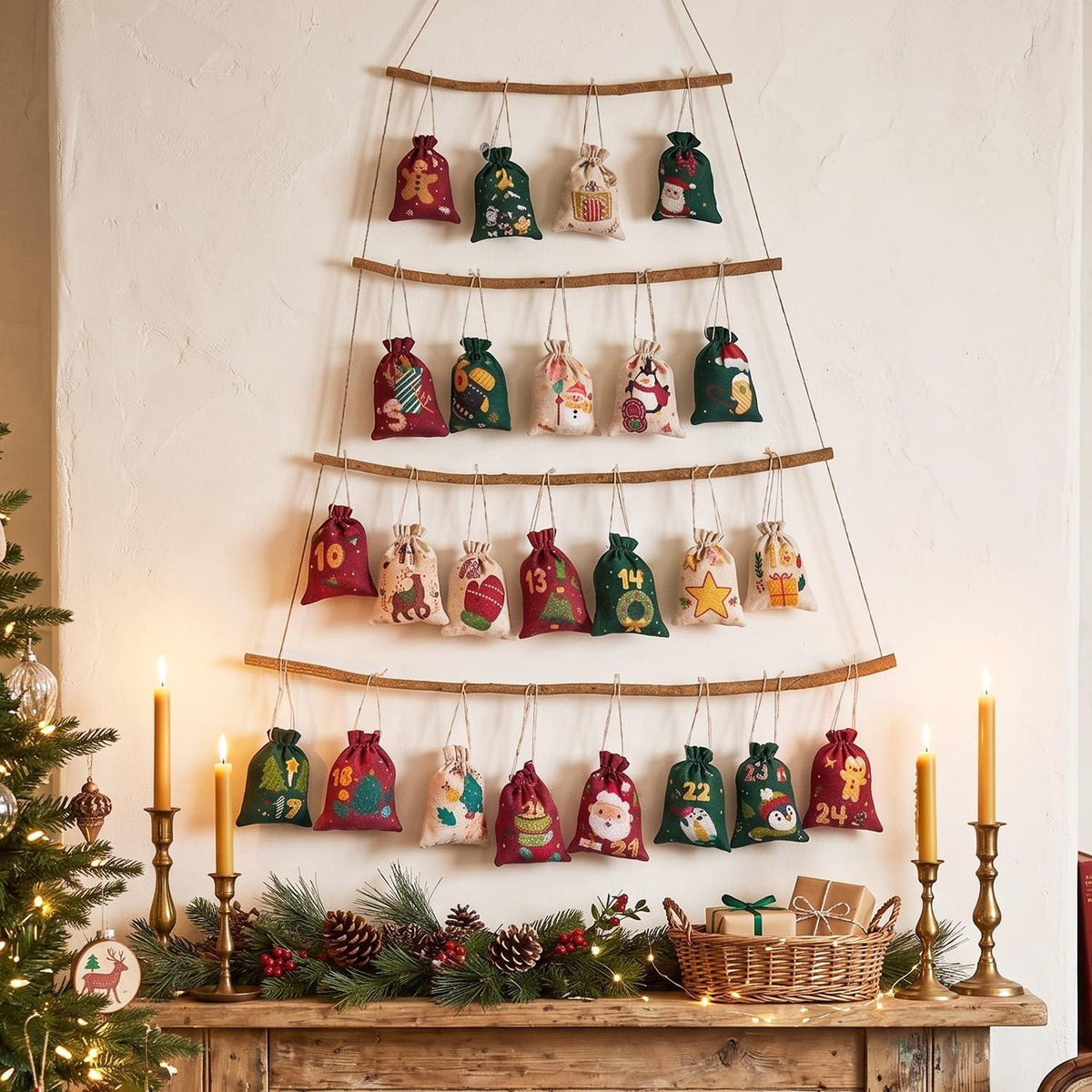 Adventskalender zum Befüllen – 24 Stoffbeutel mit Holzklammern & Seil