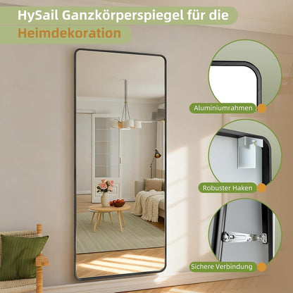Großer Rechteckiger Standspiegel Schwarz – HD-Reflexion, 190x85cm