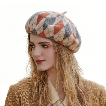 Karierte Damen Baskenmütze aus Wolle – Winter Beanie Mütze Orange