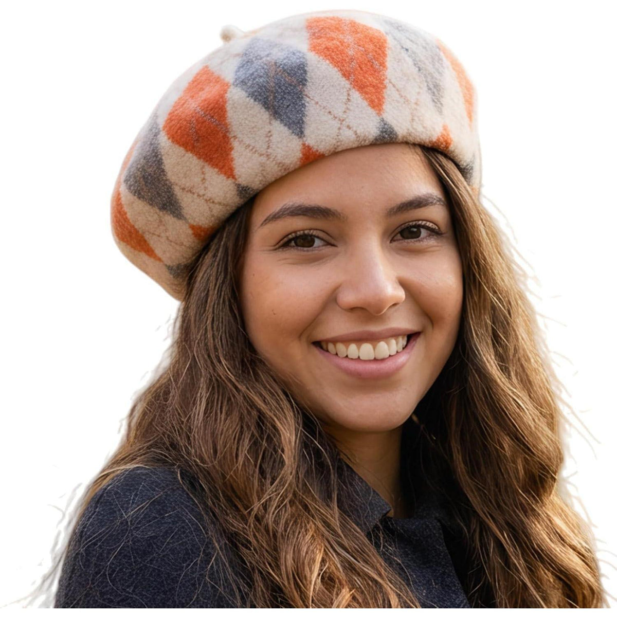Karierte Damen Baskenmütze aus Wolle – Winter Beanie Mütze Orange