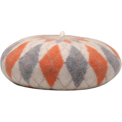 Karierte Damen Baskenmütze aus Wolle – Winter Beanie Mütze Orange